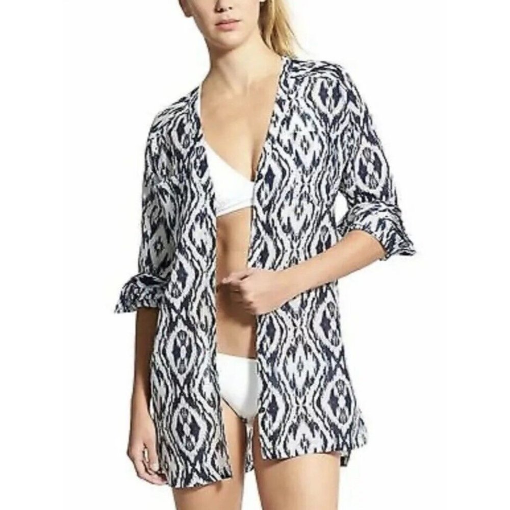 Athleta Silk Blend Tunic Top Shirt Size Small S White Black Button Front Blouse